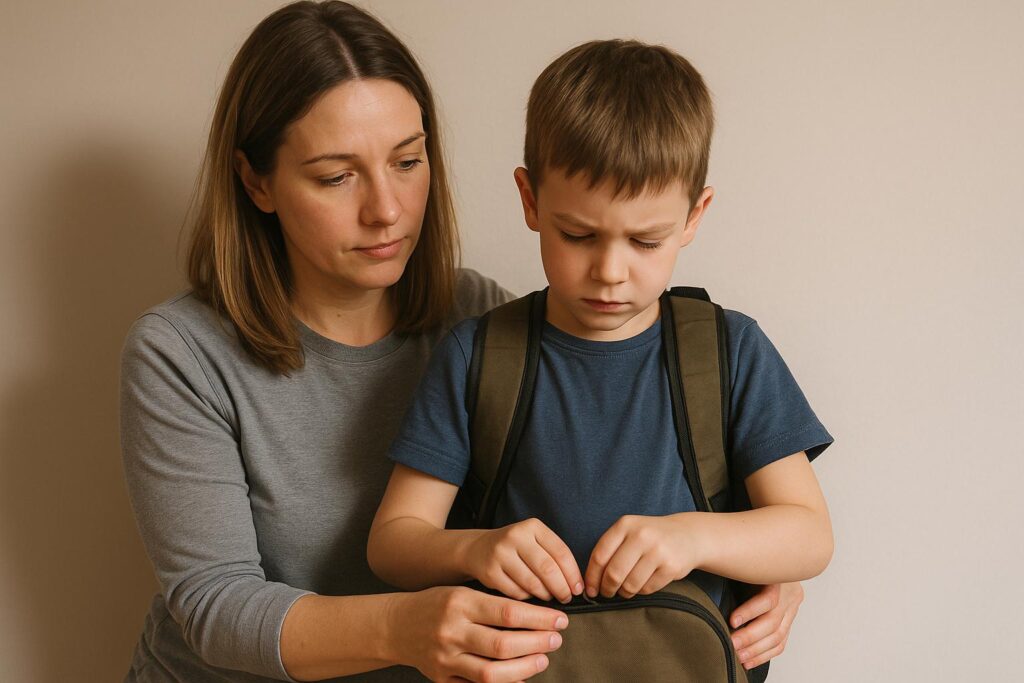 Rodzic zapinający plecak za dziecko – ilustracja nadopiekuńczości i wyręczania, które hamuje rozwój samodzielności u kilkulatka.