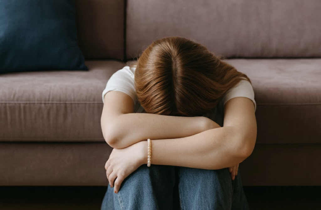 Kobieta siedząca na podłodze z głową schowaną w ramionach, co symbolizuje przytłoczenie, silny lęk, bezradność i objawy depresyjne.