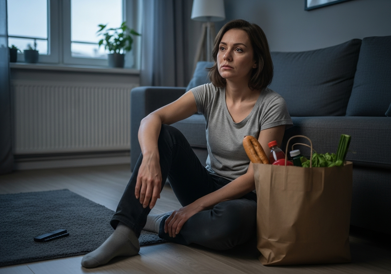 Kobieta odczuwająca paraliż po pracy, siedząca na podłodze w domu