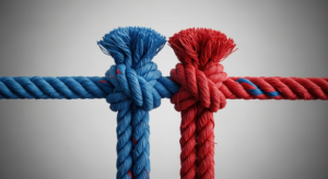 Dwie strzepione liny splatane na nowo jako symbol trudnego procesu współrodzicielstwa.