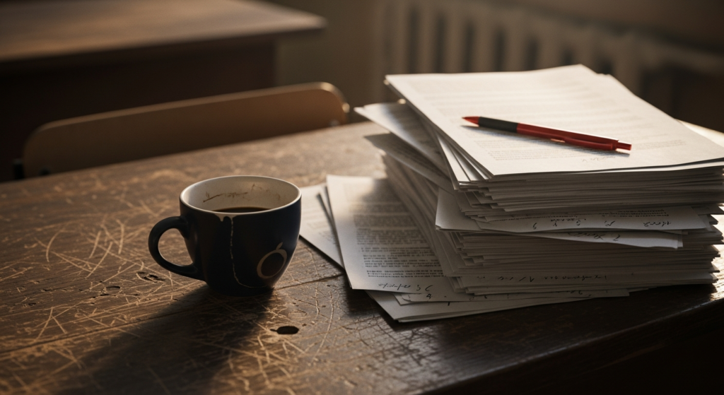 Stos niesprawdzonych sprawdzianów na biurku nauczyciela symbolizujący przeciążenie