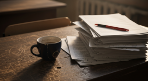 Stos niesprawdzonych sprawdzianów na biurku nauczyciela symbolizujący przeciążenie