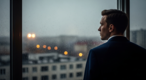 Mężczyzna ze stylem unikowym w związku, patrzący przez okno w deszczowy wieczór, symbolizujący dystans emocjonalny.